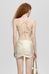 Cream Satin 3D Rose Cutout Wrap One Piece Swimsuit