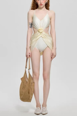 Cream Satin 3D Rose Cutout Wrap One Piece Swimsuit