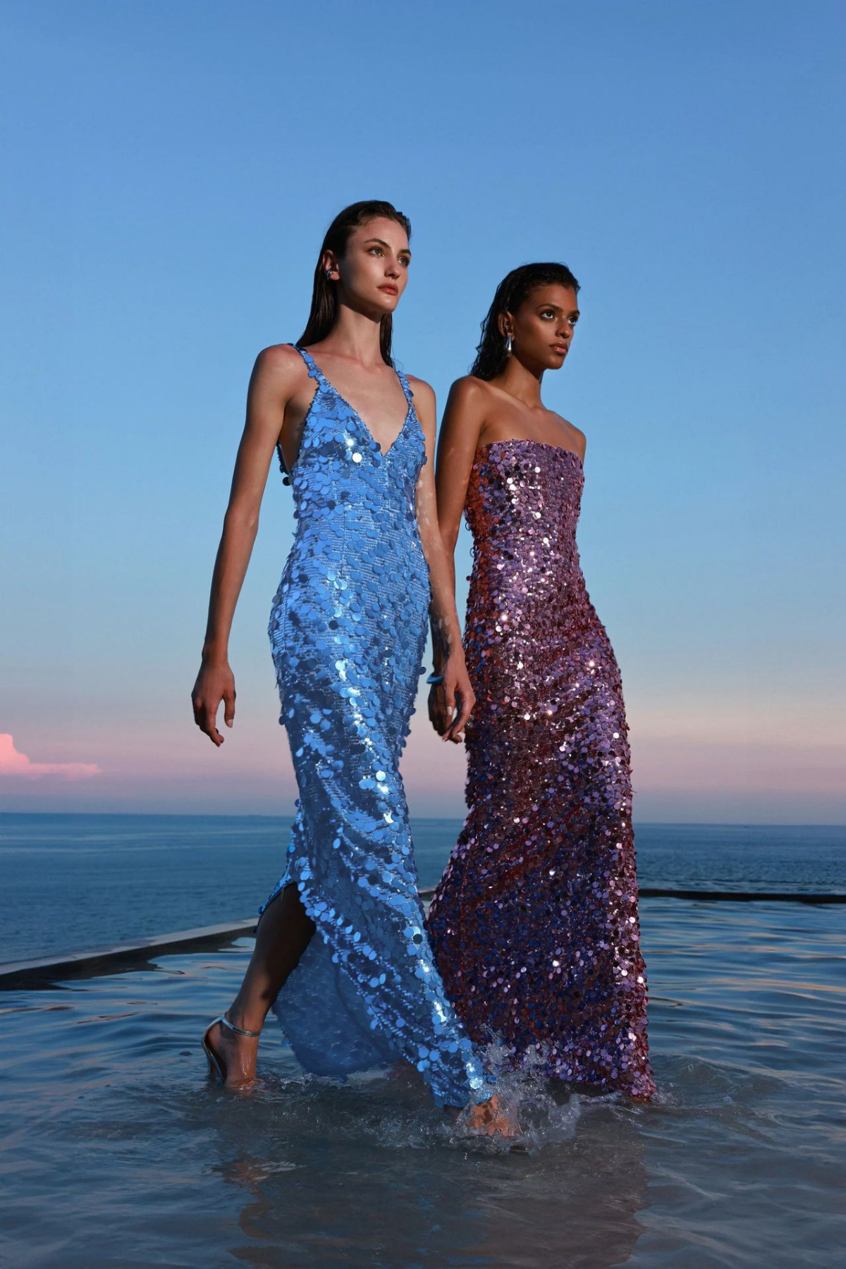 Blue Sequin V-Neck Strap Maxi Dress