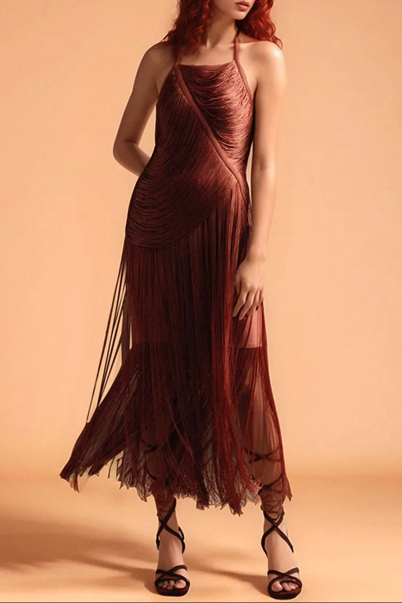 Halter Fringe Maxi Dress in Brown