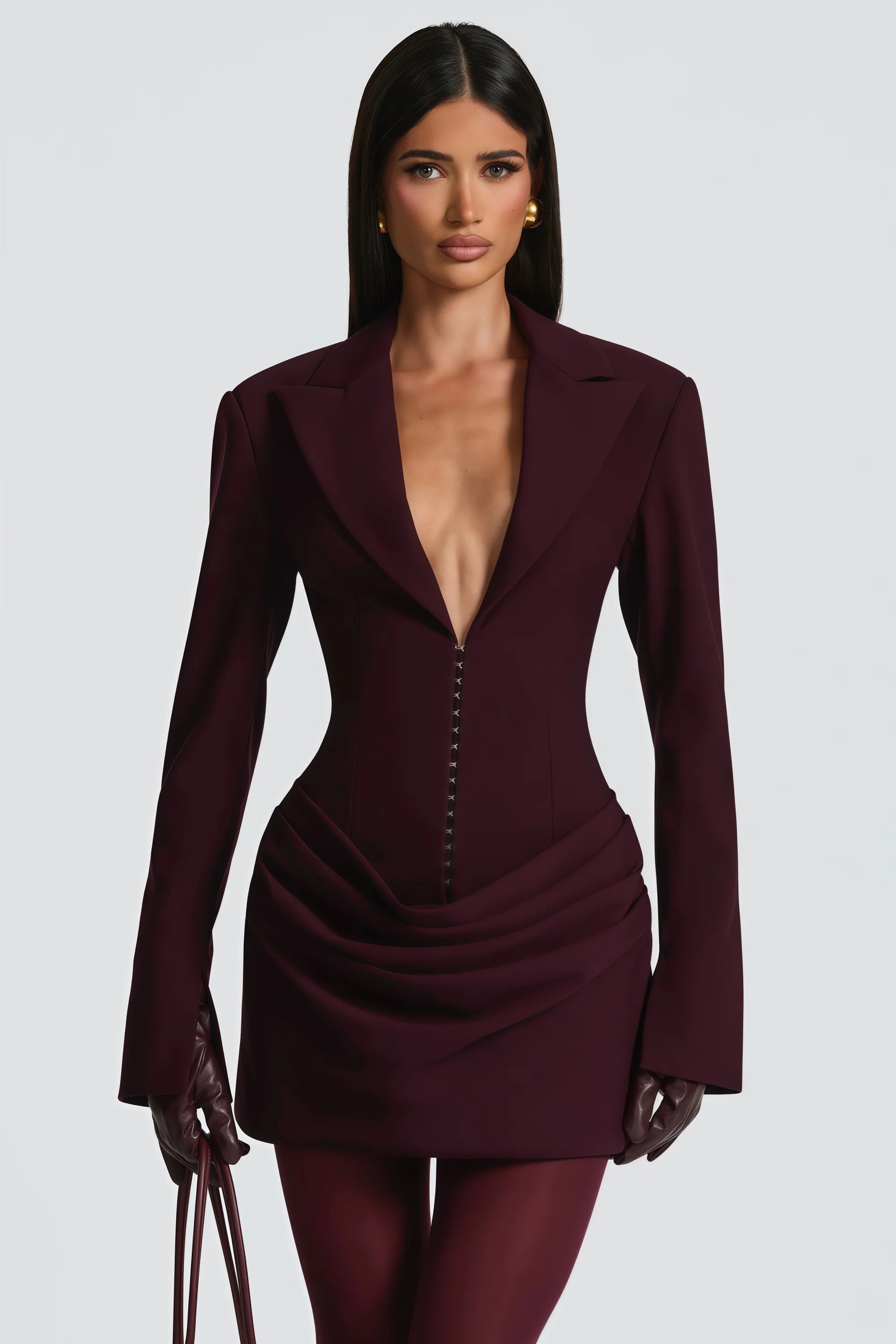 V-Neck Ruched Blazer Mini Dress in Wine Red