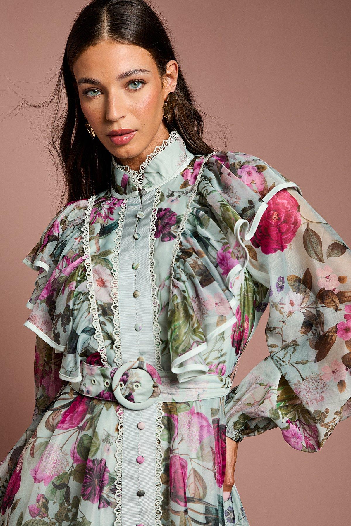 Green Long Sleeve Printed Organza Shirt Midi Dress