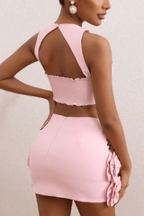 Pink Floral Embellished Crop Top Two Piece Dress