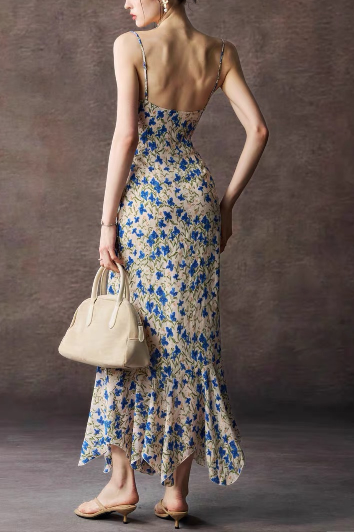 Blue Floral Strap Tie Front Maxi Dress
