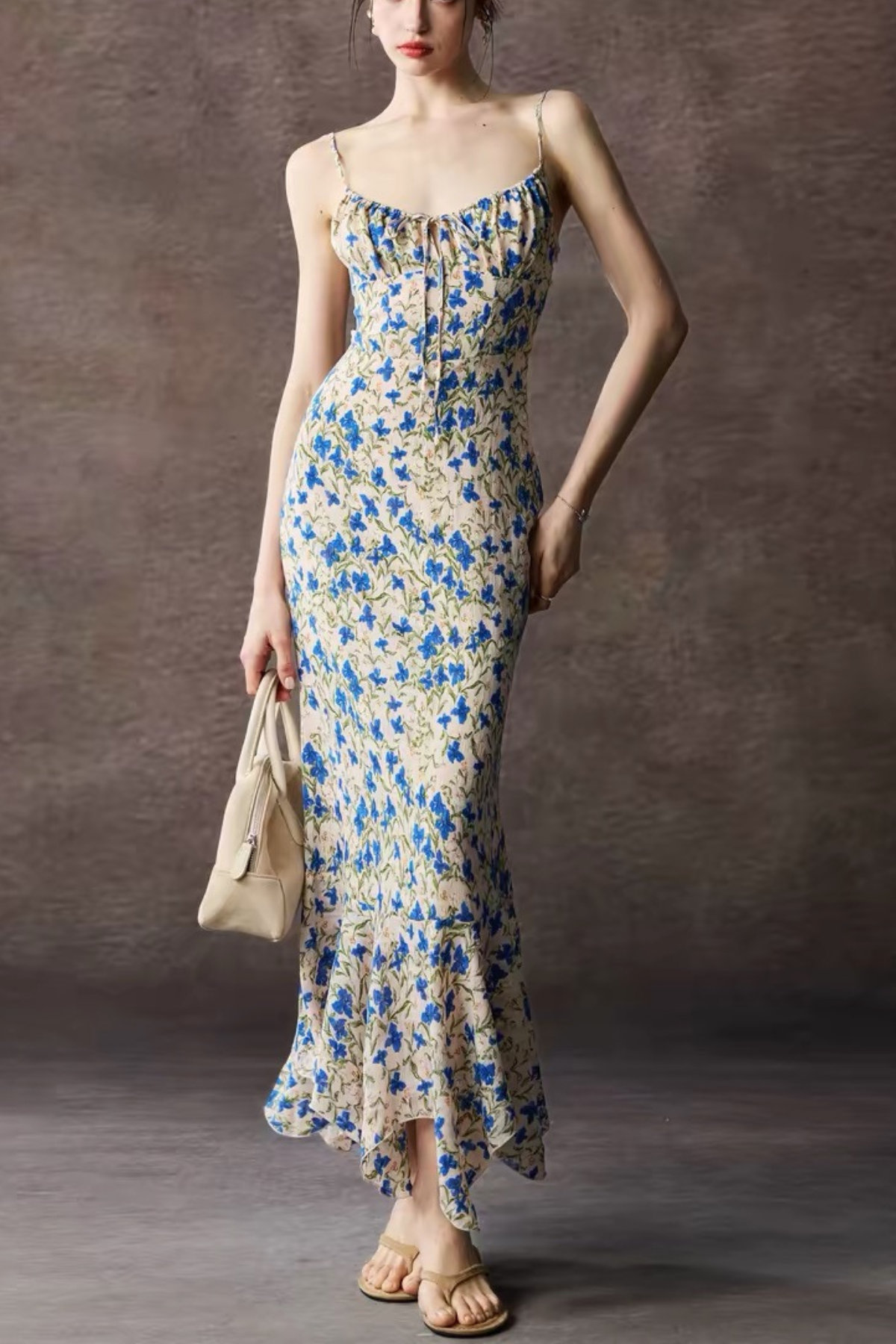 Blue Floral Strap Tie Front Maxi Dress