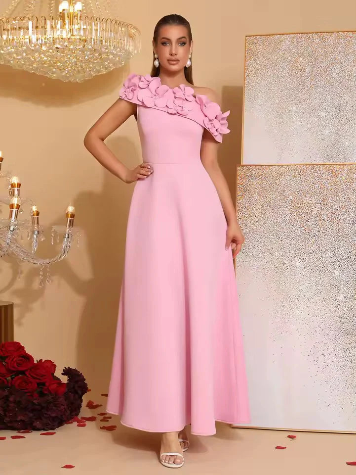 Flower Slanted Collar Maxi Dress in Pink