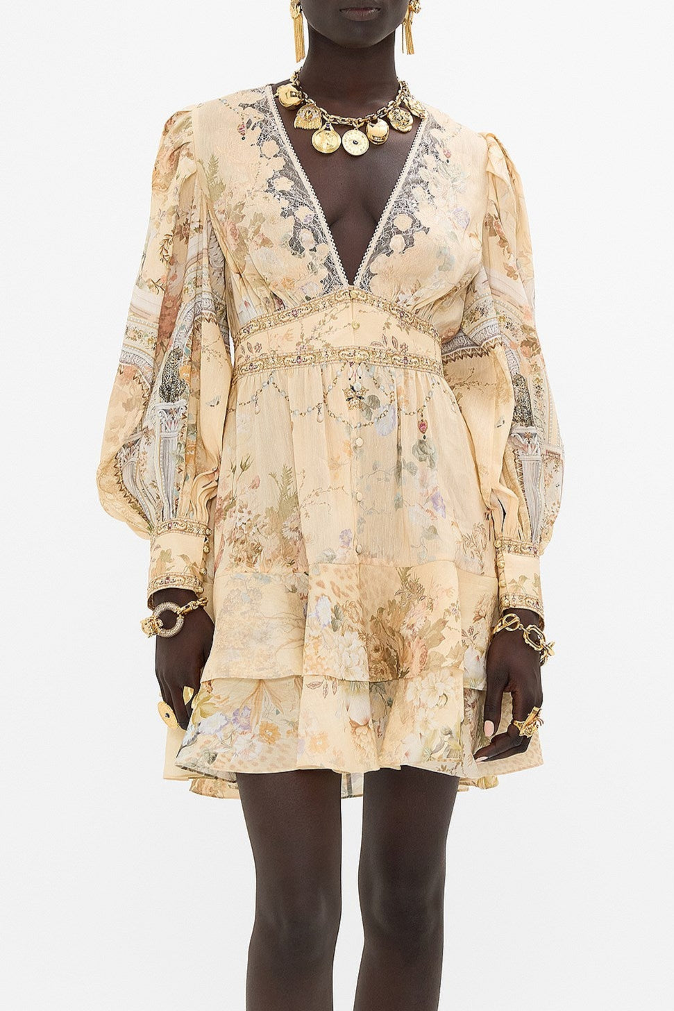 Floral Print V-Neckline Silk Mini Dress