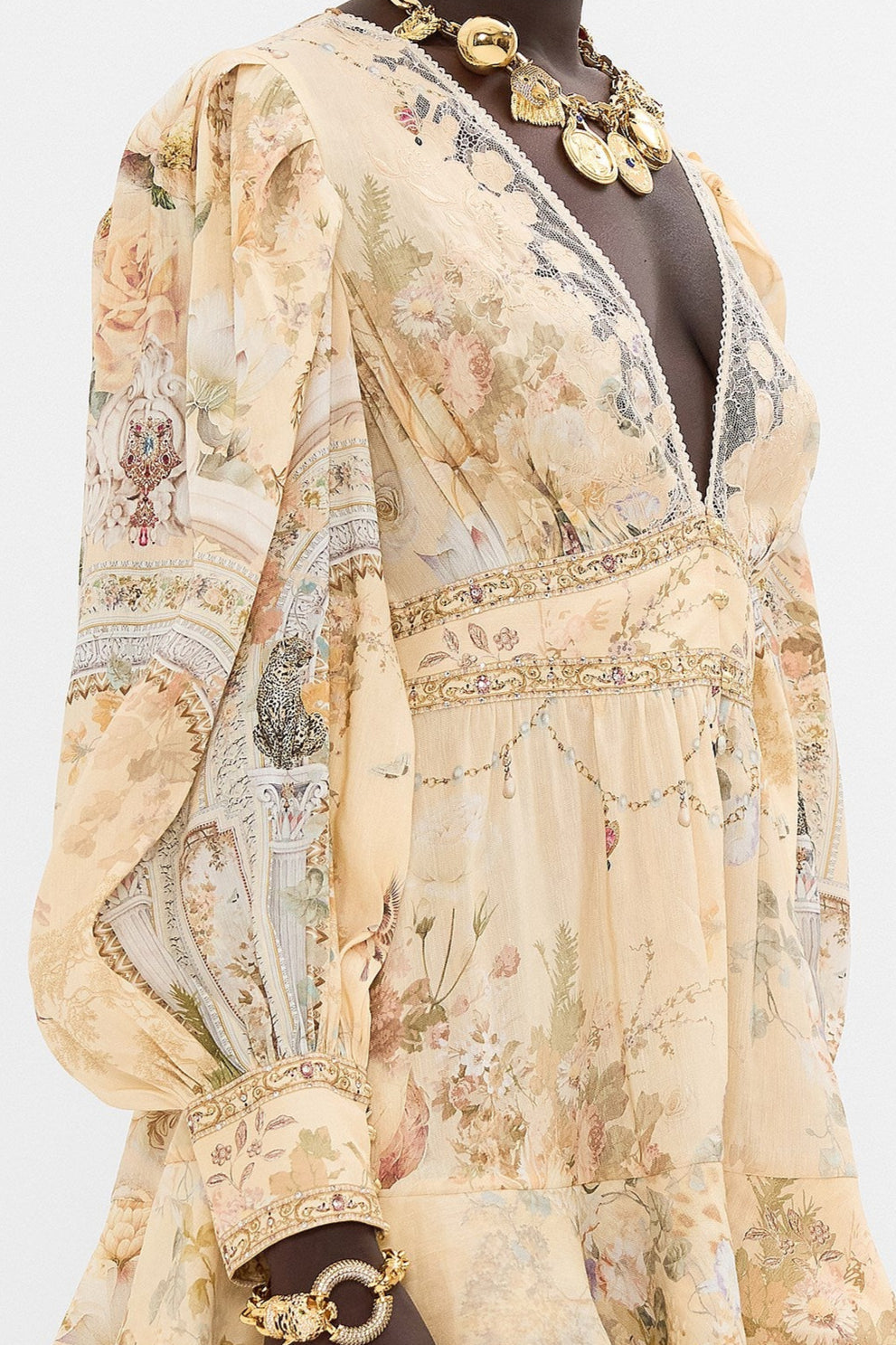 Floral Print V-Neckline Silk Mini Dress