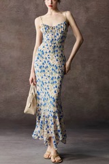 Blue Floral Strap Tie Front Maxi Dress