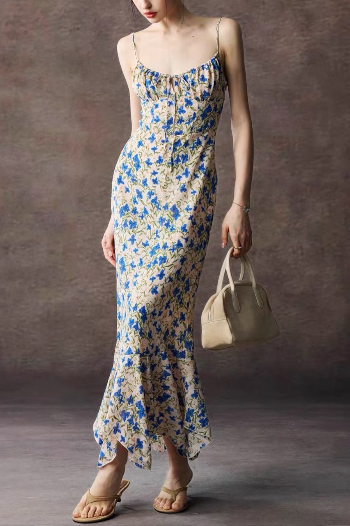 Blue Floral Strap Tie Front Maxi Dress
