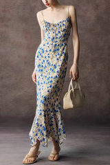 Blue Floral Strap Tie Front Maxi Dress