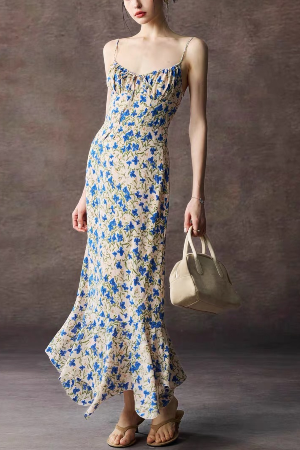 Blue Floral Strap Tie Front Maxi Dress