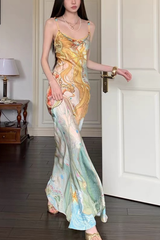Vintage Sun Ocean Print Satin Strap Dress