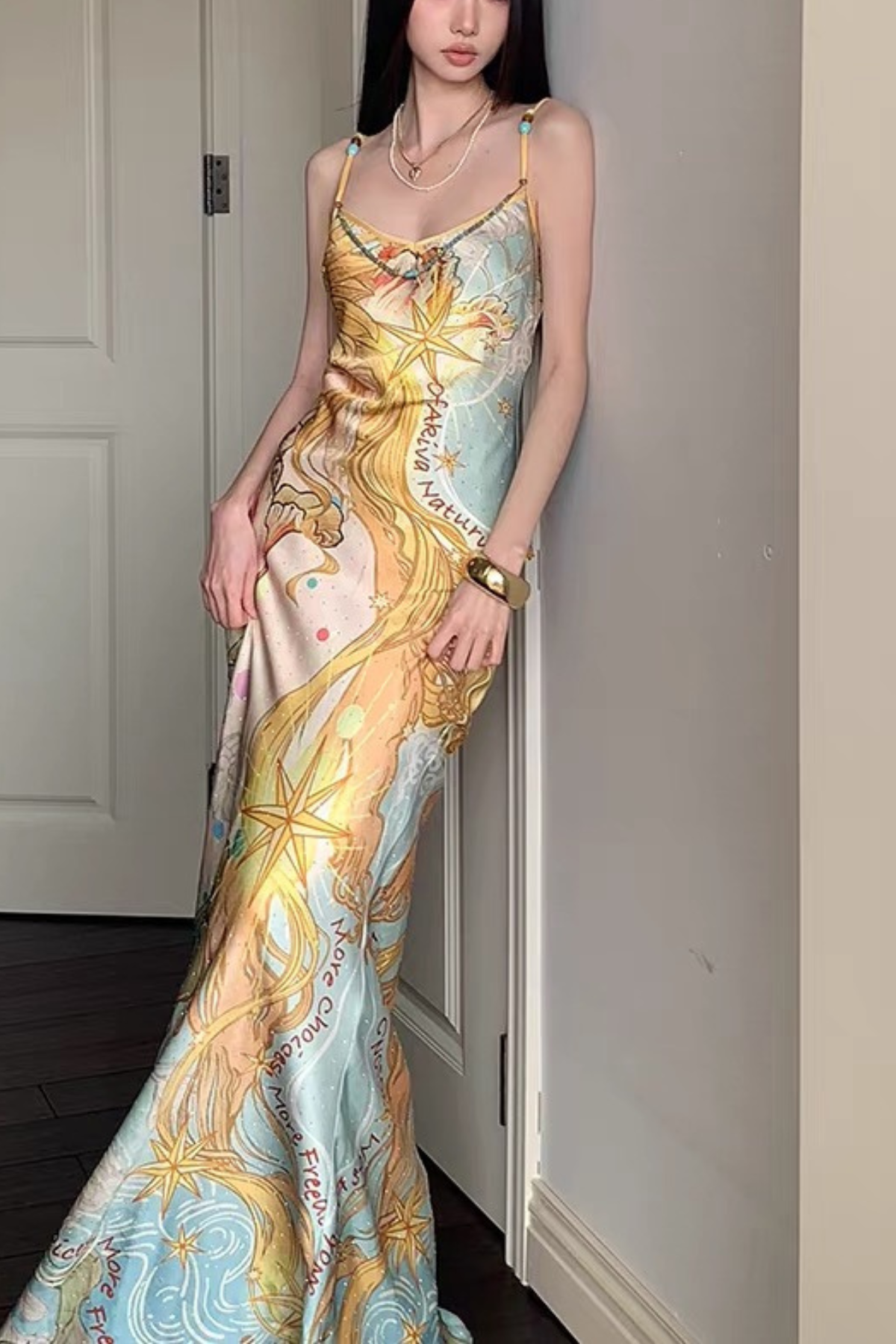 Vintage Sun Ocean Print Satin Strap Dress