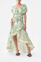 Green-Printed Ruffled V-Neck Hem Silk Maxi Dress