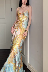 Vintage Sun Ocean Print Satin Strap Dress