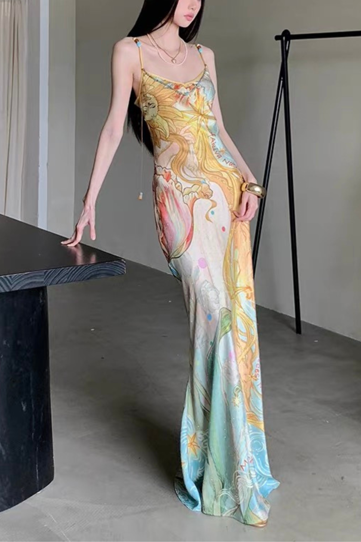 Vintage Sun Ocean Print Satin Strap Dress