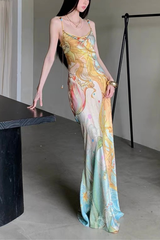 Vintage Sun Ocean Print Satin Strap Dress