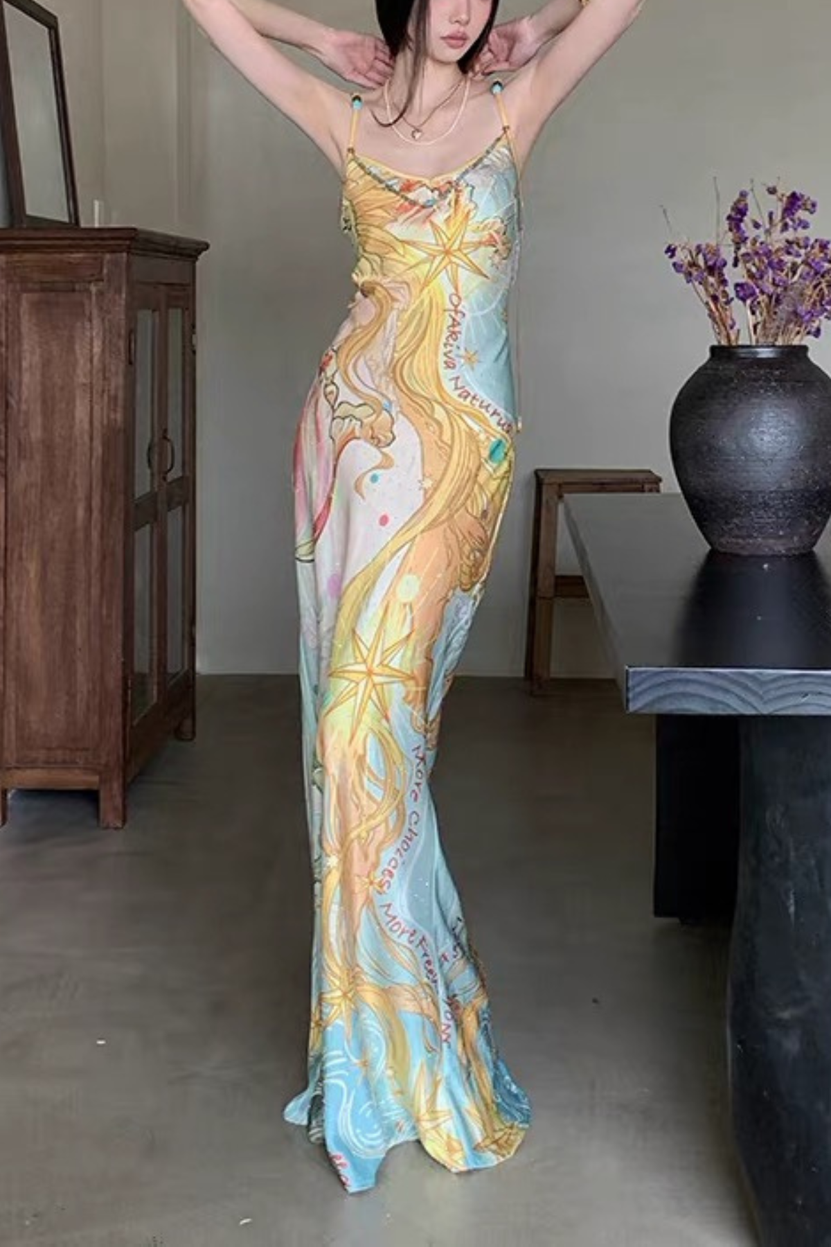 Vintage Sun Ocean Print Satin Strap Dress