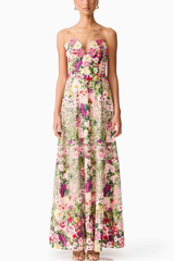 3D Floral Printed A-Line Maxi Dress