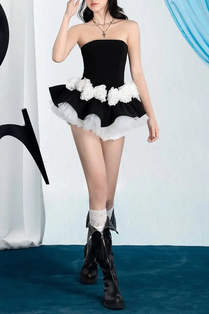 Floral Patchwork Top Skirt Set in Black