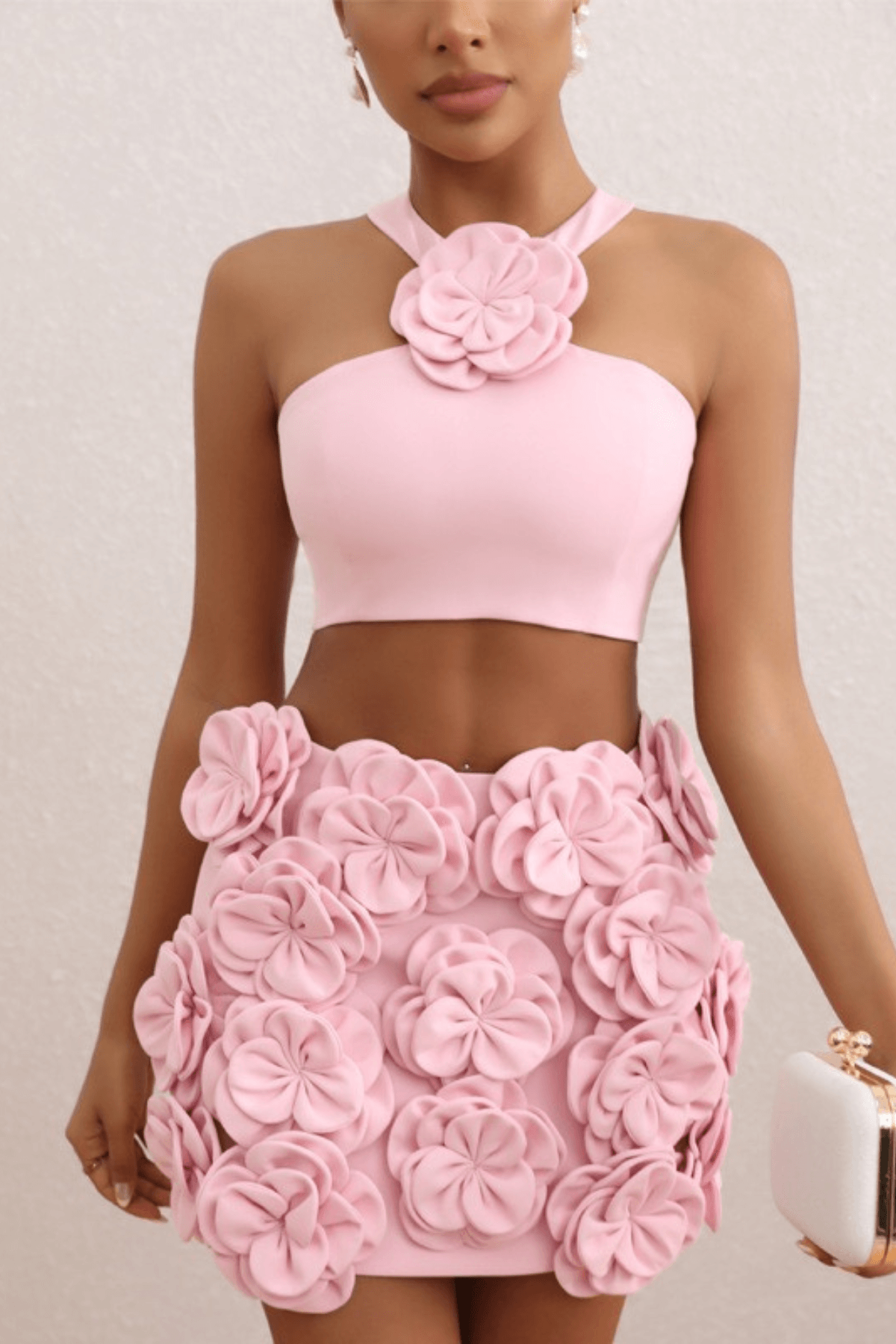 Pink Floral Embellished Crop Top Two Piece Dress