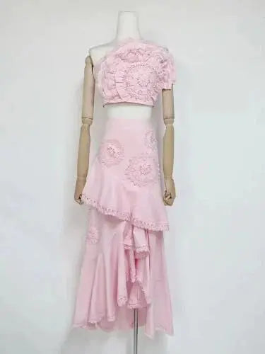 Ruffled Top Floral Embroidered Skirt Set - Pink