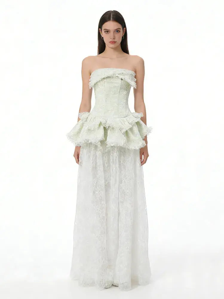 Fitted Lace-Paneled Maxi Dress in Green