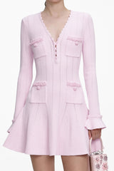 Pink Trim V-Neck Knit Mini Dress