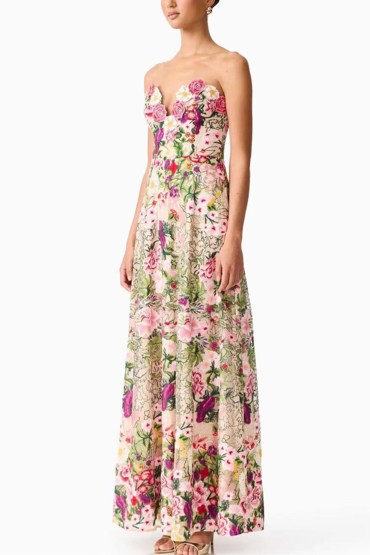 3D Floral Printed A-Line Maxi Dress