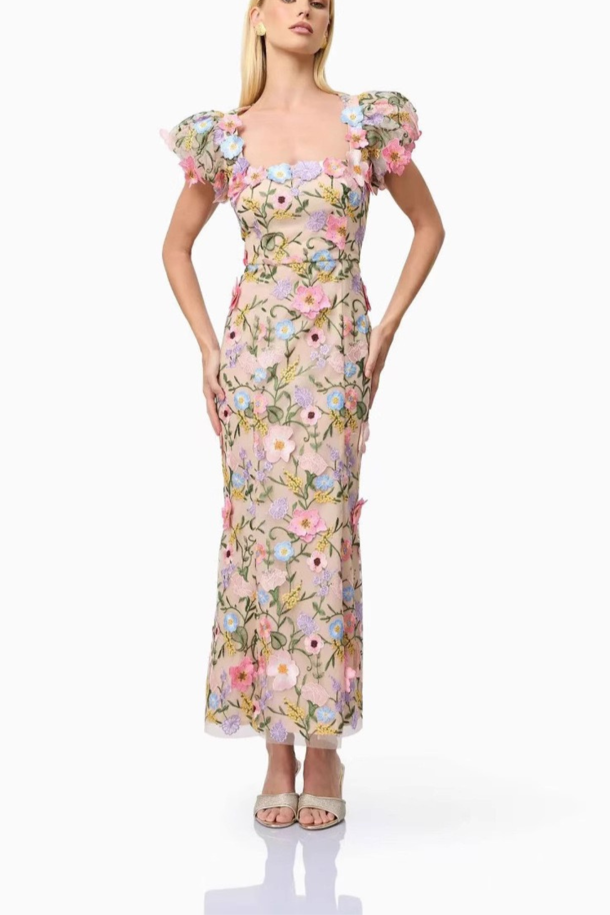Square Neck Puff Sleeve 3D Floral Embroidery Mesh Dress