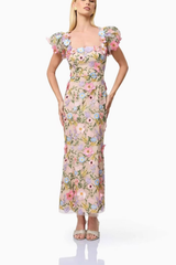 Square Neck Puff Sleeve 3D Floral Embroidery Mesh Dress