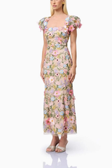 Square Neck Puff Sleeve 3D Floral Embroidery Mesh Dress