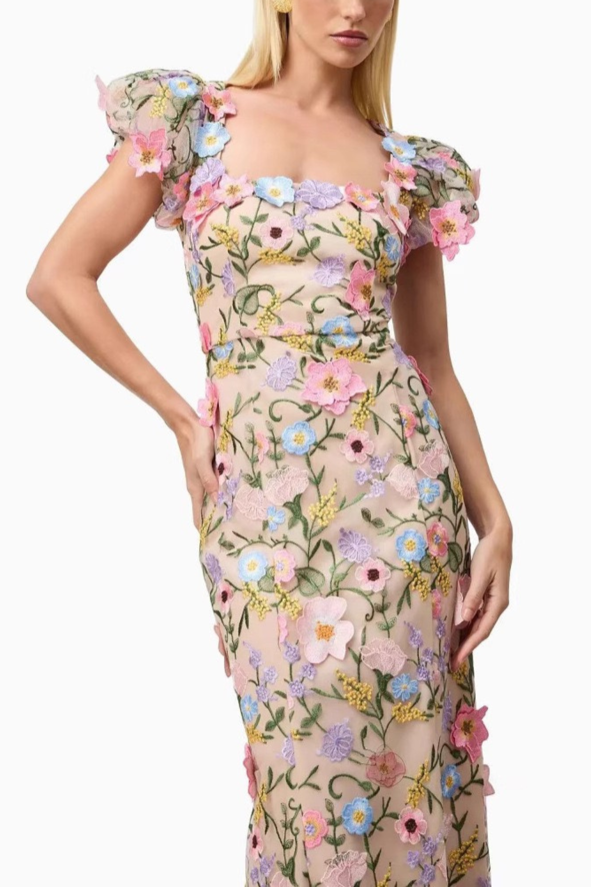Square Neck Puff Sleeve 3D Floral Embroidery Mesh Dress