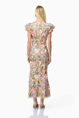 Square Neck Puff Sleeve 3D Floral Embroidery Mesh Dress