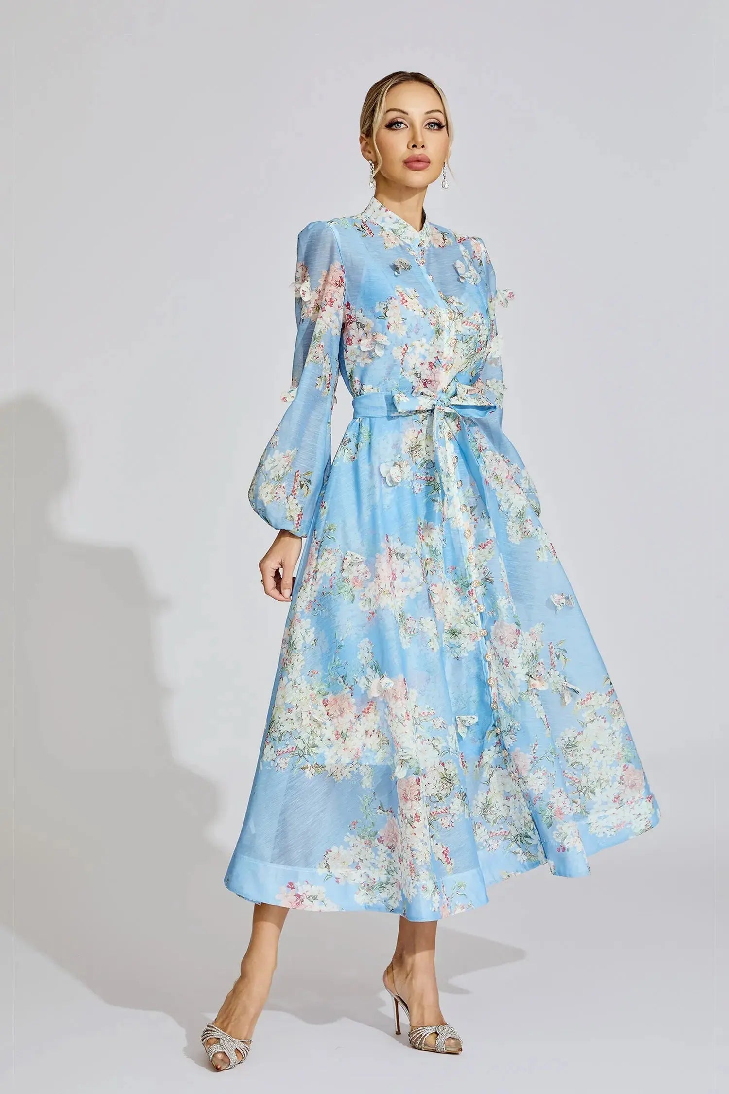 Blue Floral Printed Puff Sleeve Maxi Dress