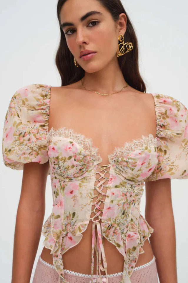 Pink Tie-Drape Shirt with Ruffled Puff Sleeves
