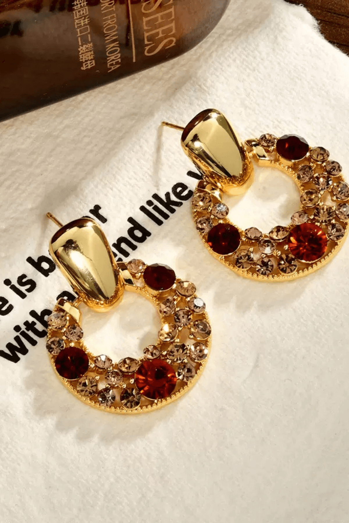 Gold Red Champagne Crystal Circle Drop Earrings