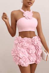 Pink Floral Embellished Crop Top Two Piece Dress