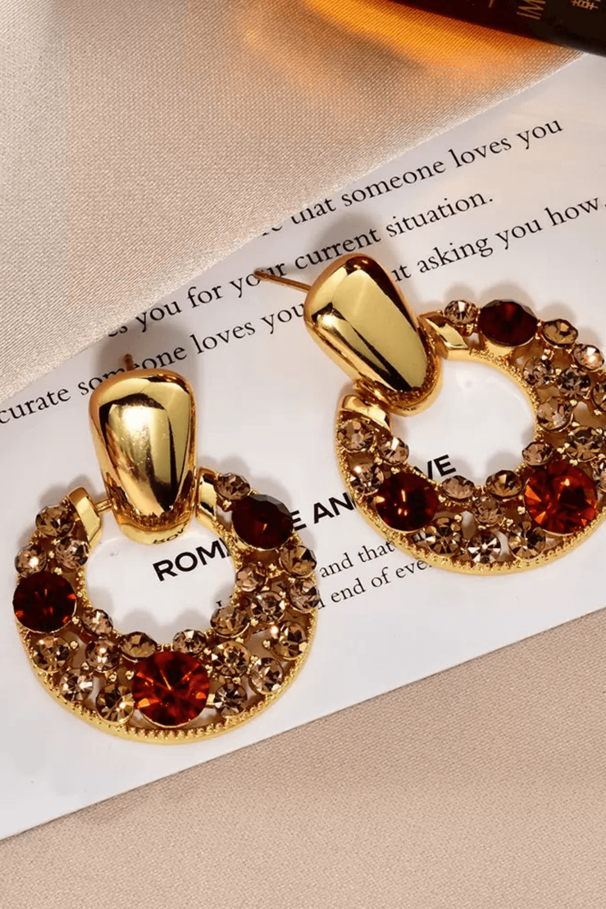Gold Red Champagne Crystal Circle Drop Earrings