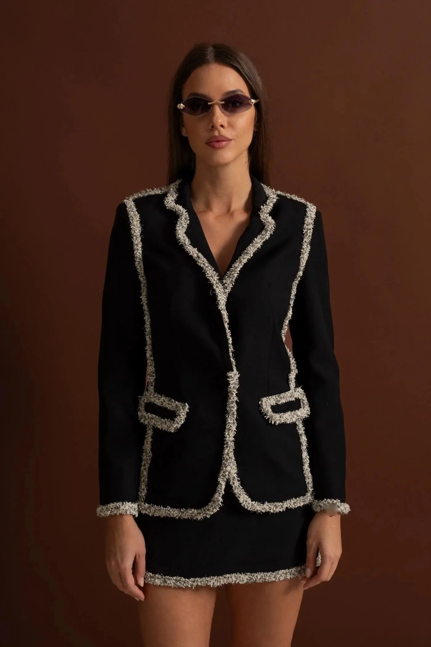 Trim Blazer Matching Mini Skirt Set - Black