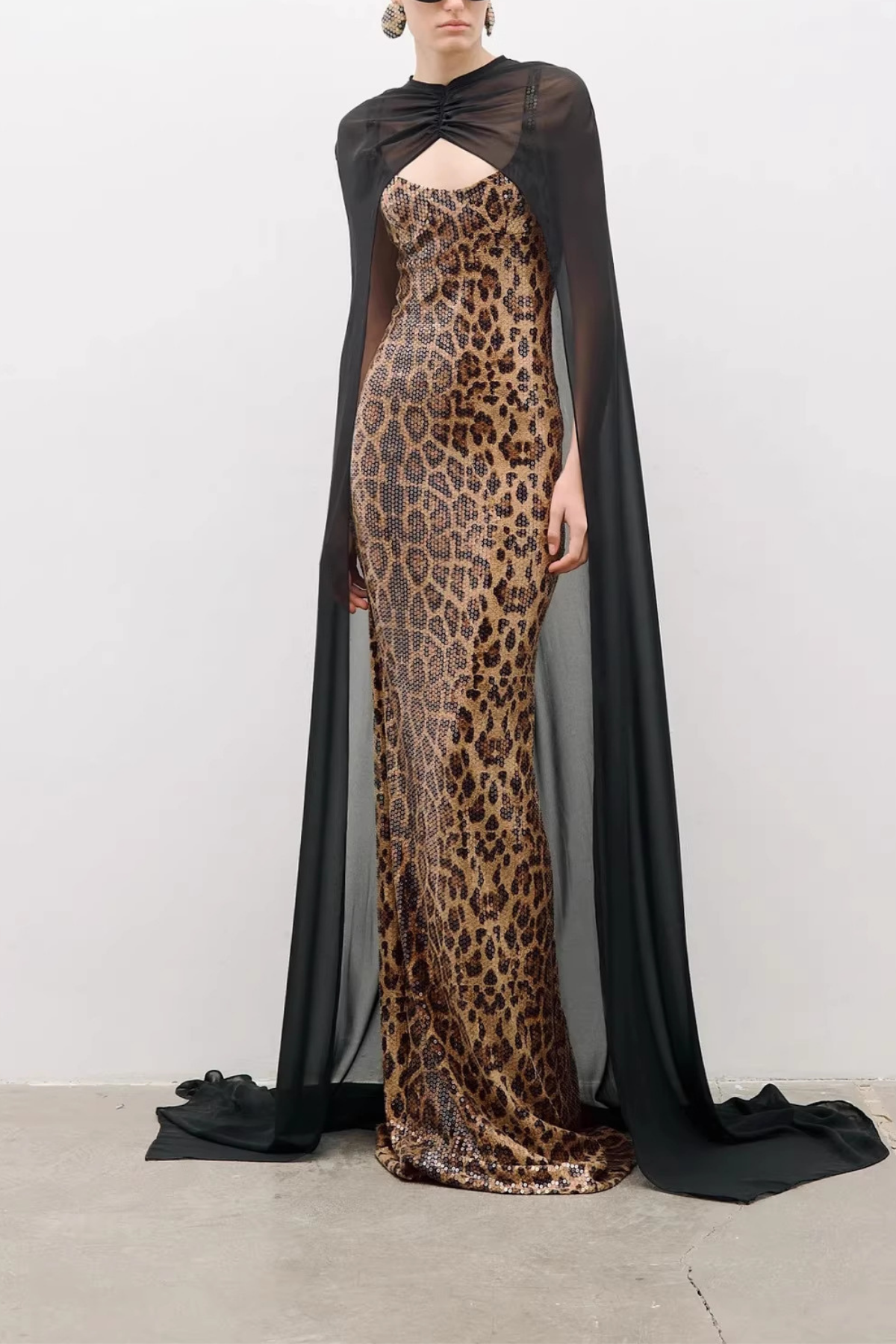 Print Sequin Gown with Black Sheer Cape