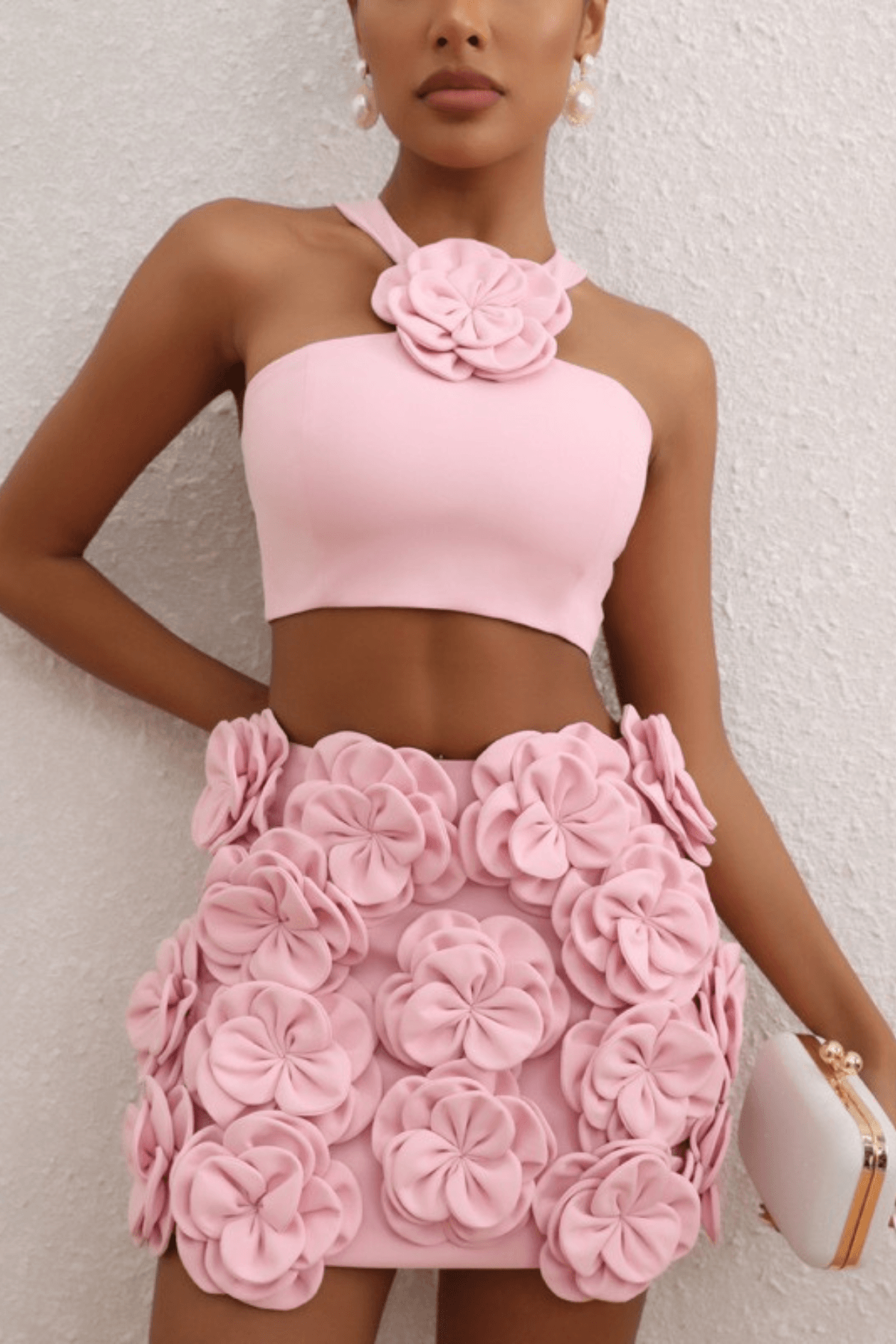 Pink Floral Embellished Crop Top Two Piece Dress