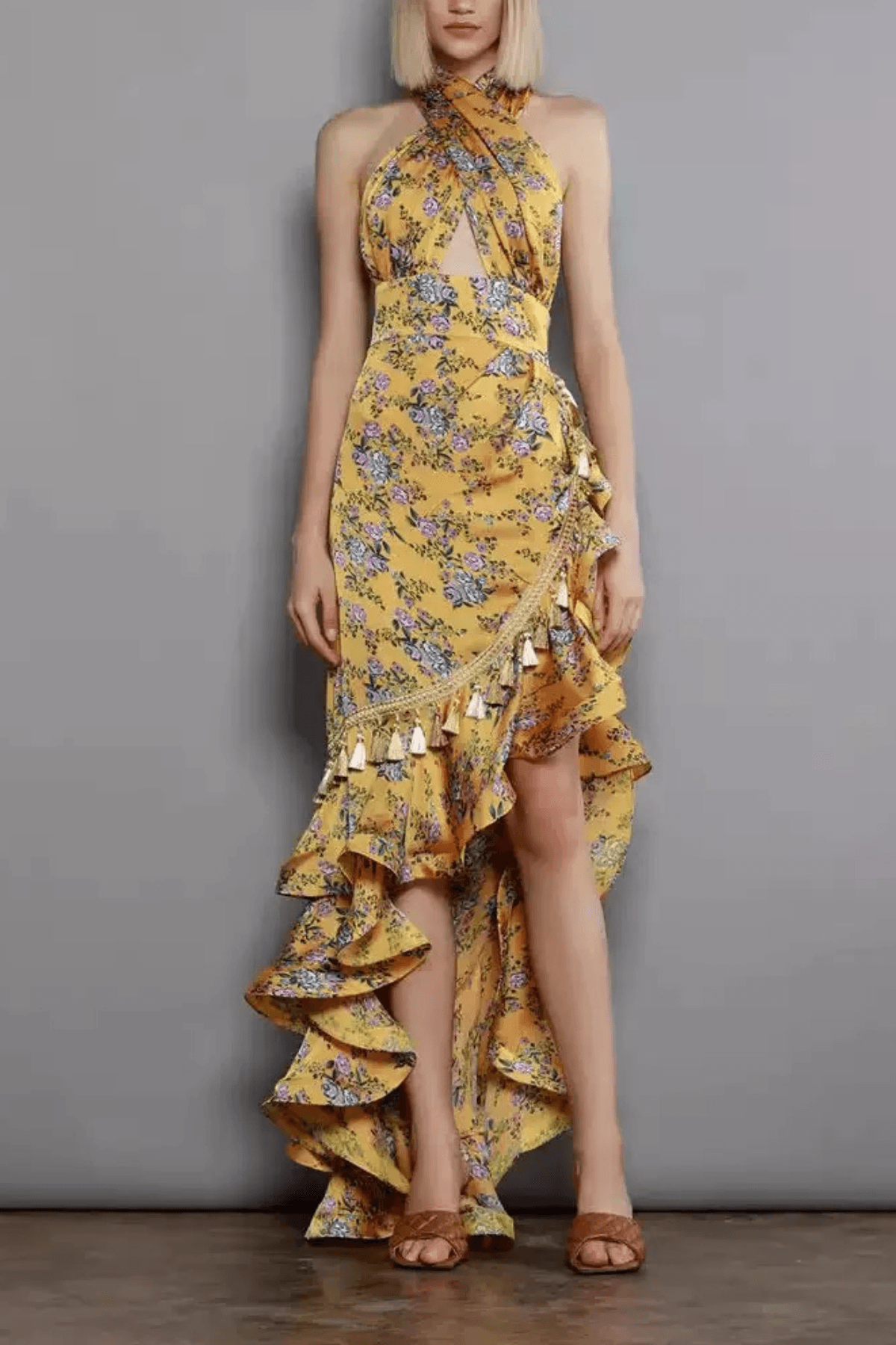 Yellow Floral Halter Neck Ruffle Maxi Dress