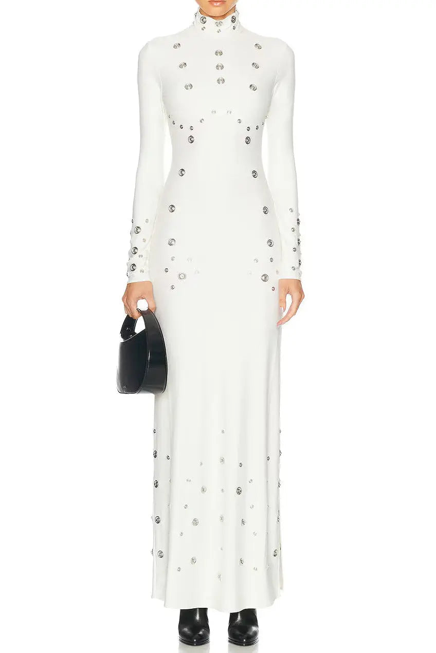 Embellished Stretch-Jersey Maxi Dress in White