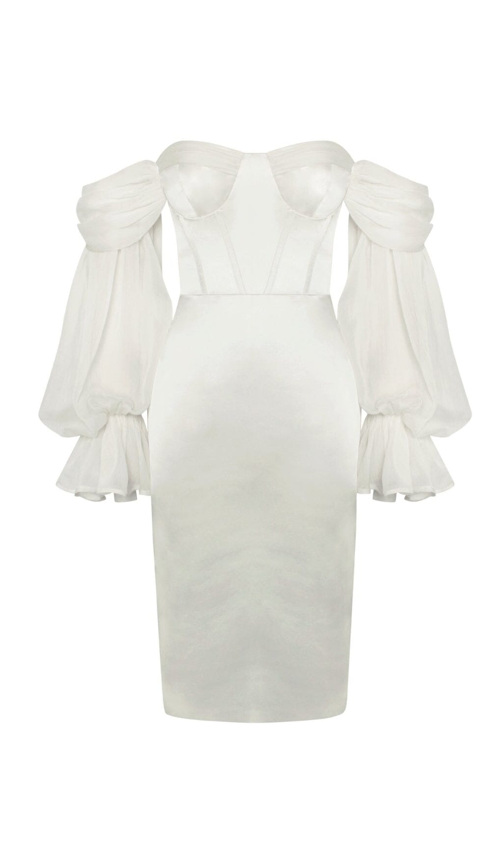 White Satin Off Shoulder Puff Sleeve Dress