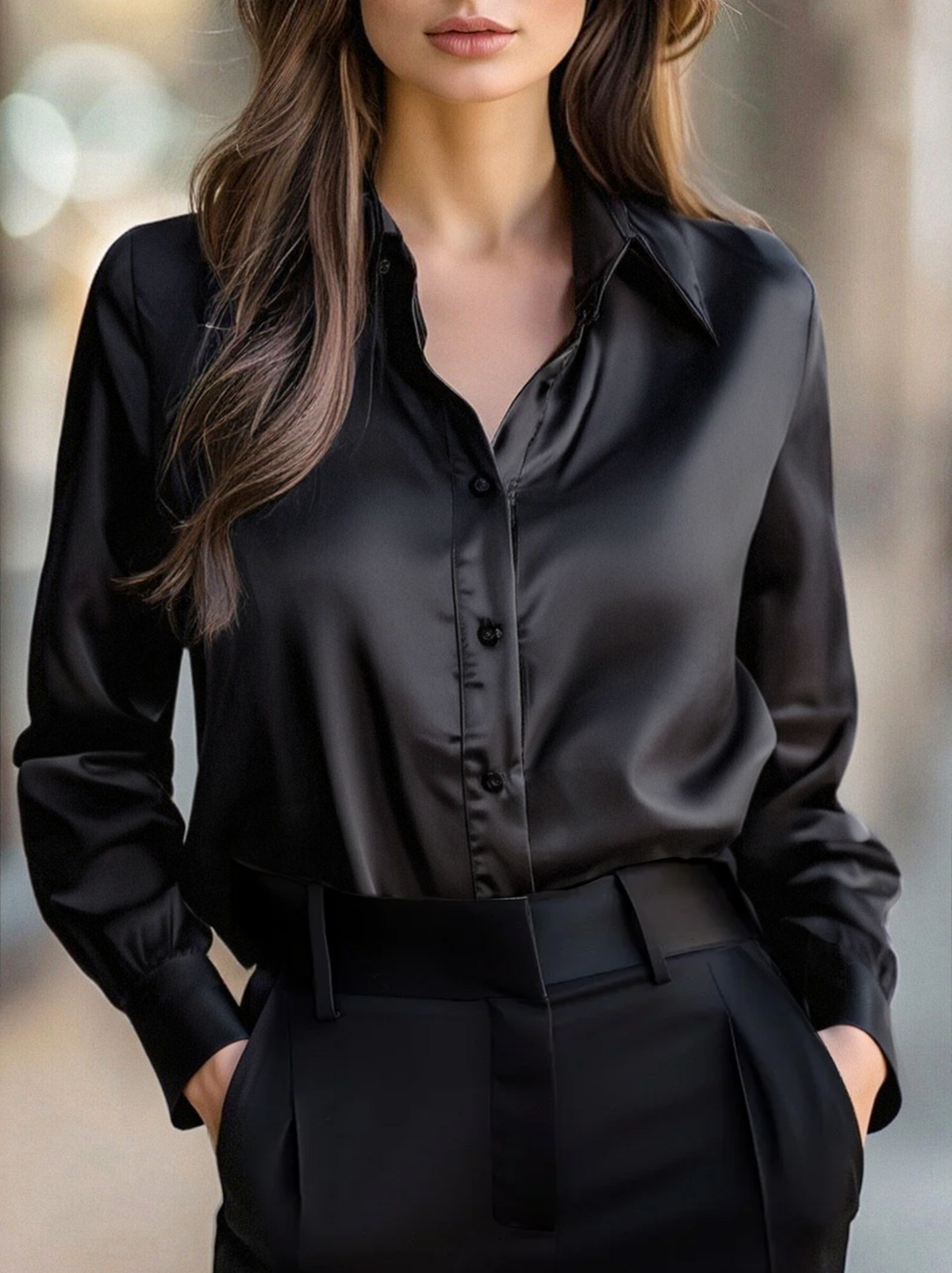 Black Satin Long Sleeves Blouse