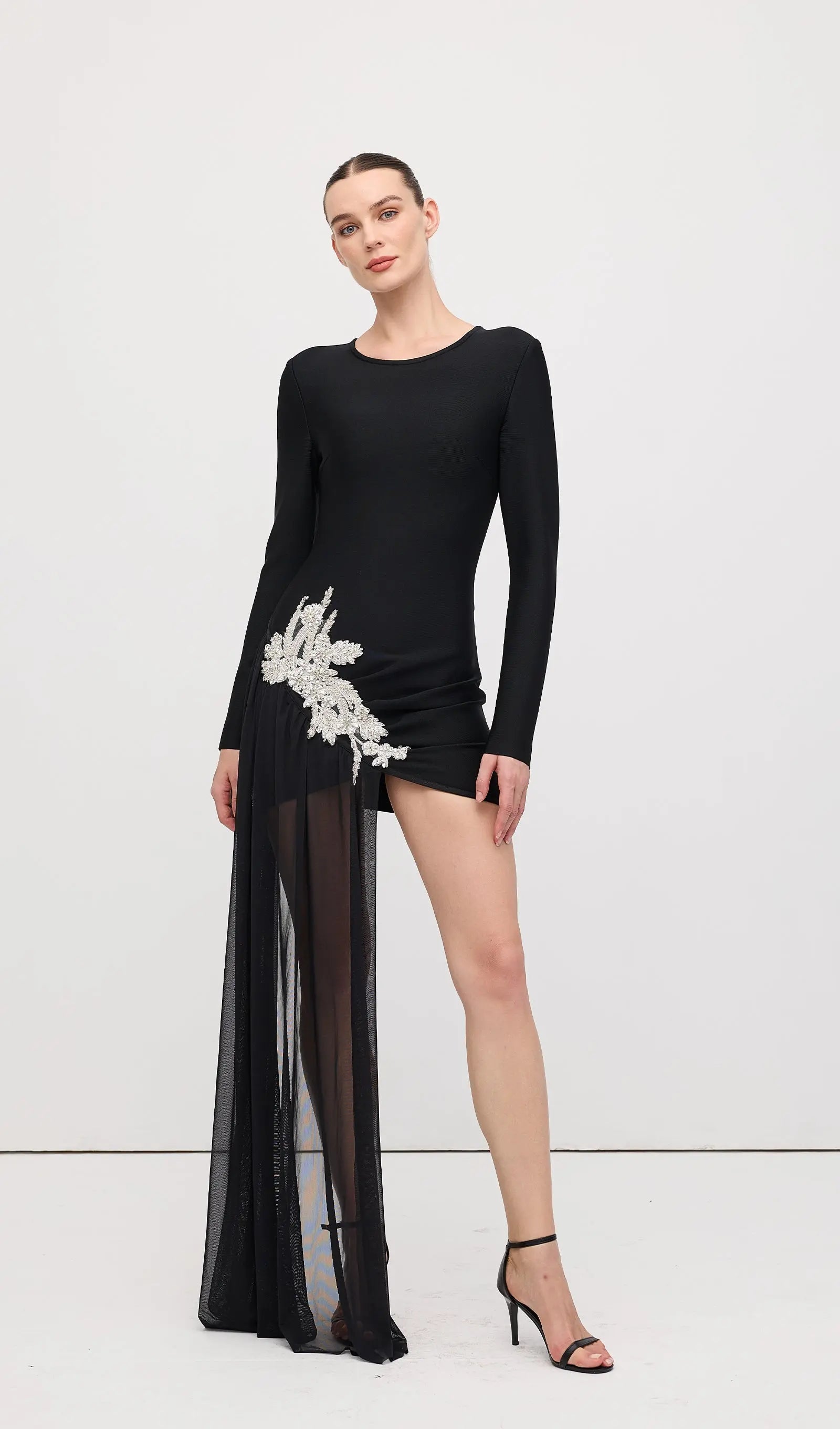 Black Asymmetrical With Rhinestone Embellishments Mini Dress