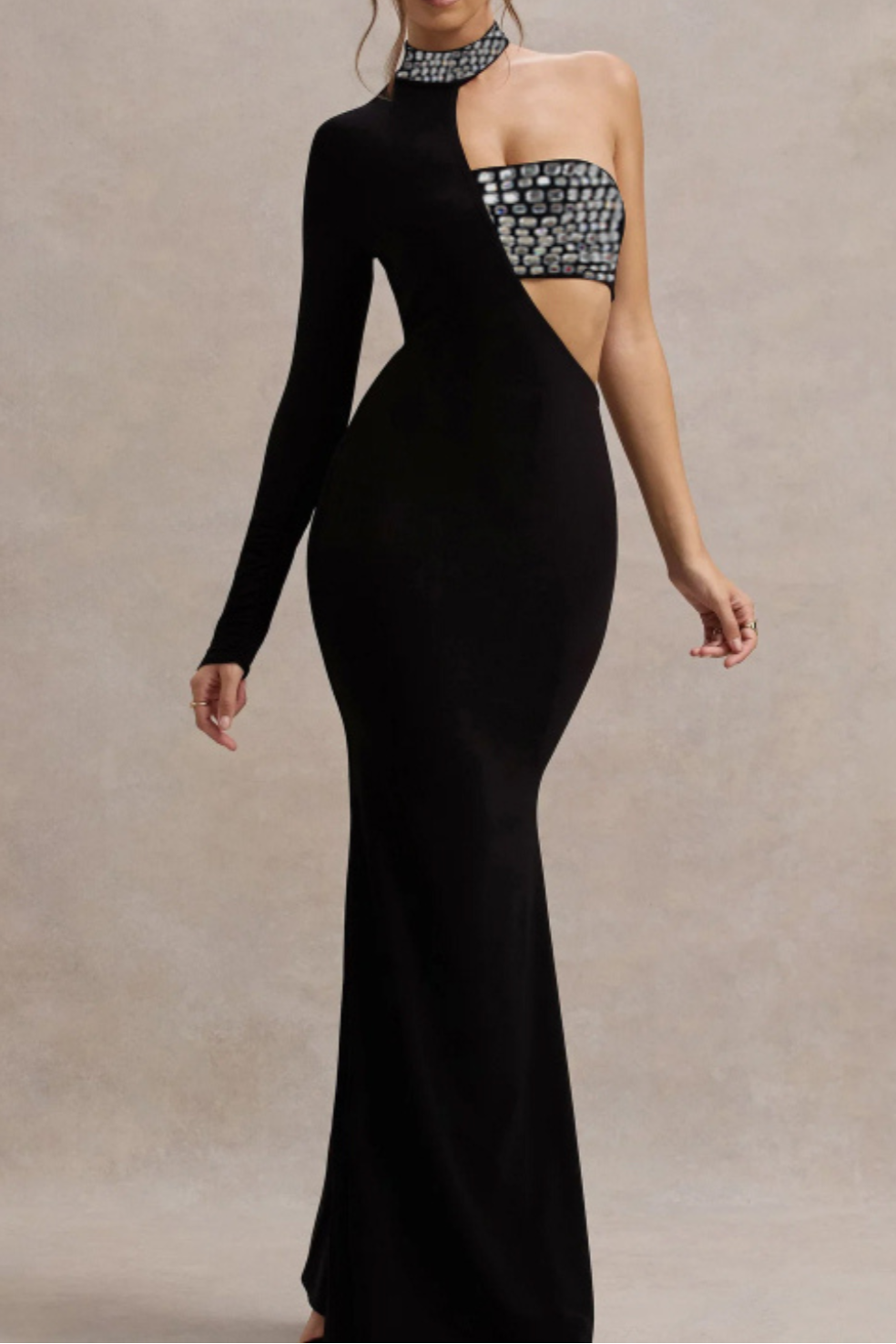 Crystal Embellished One-Sleeve Cut-Out Maxi Dress in black