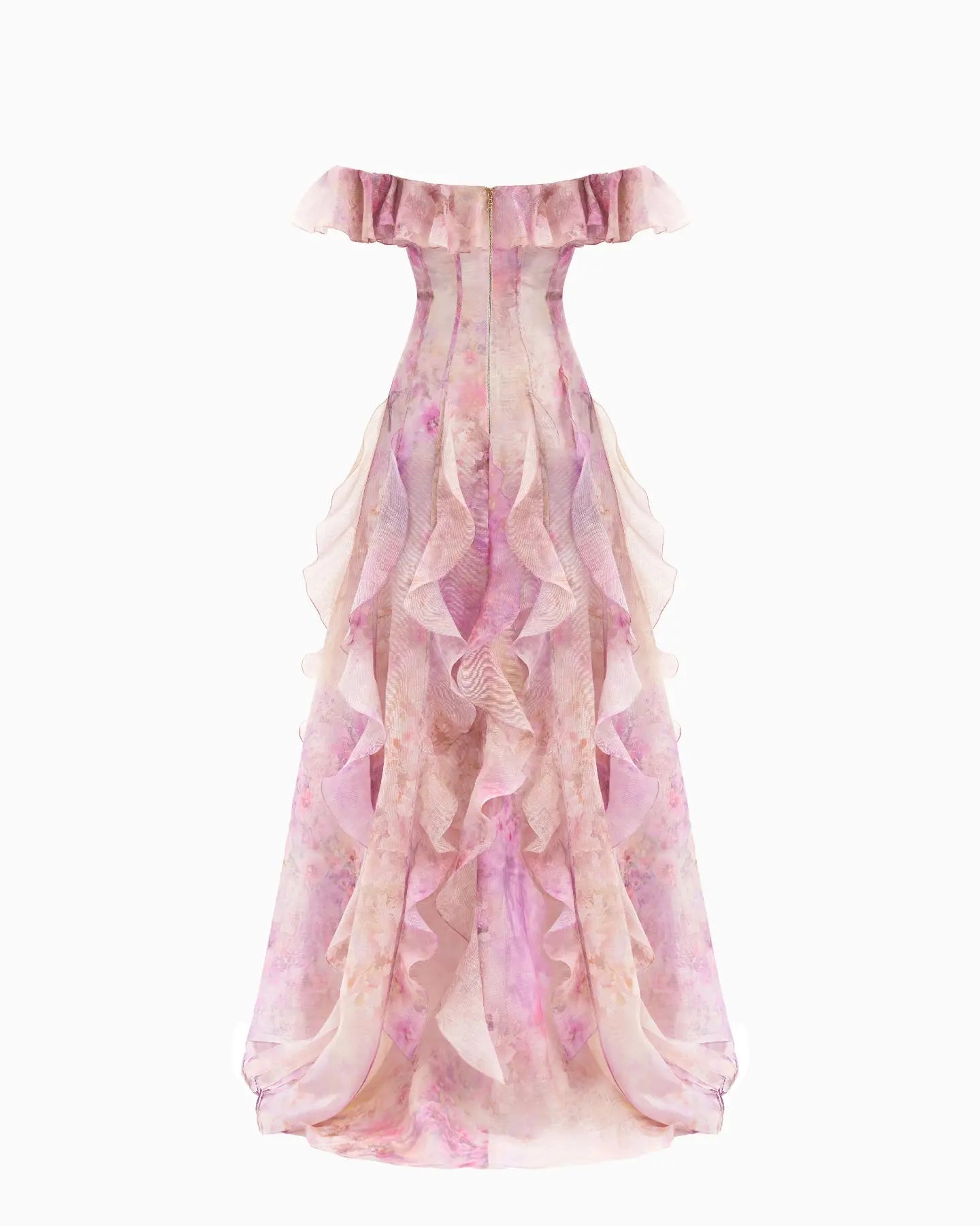 Floral Frill Off-Shoulder Maxi Dress in Pink